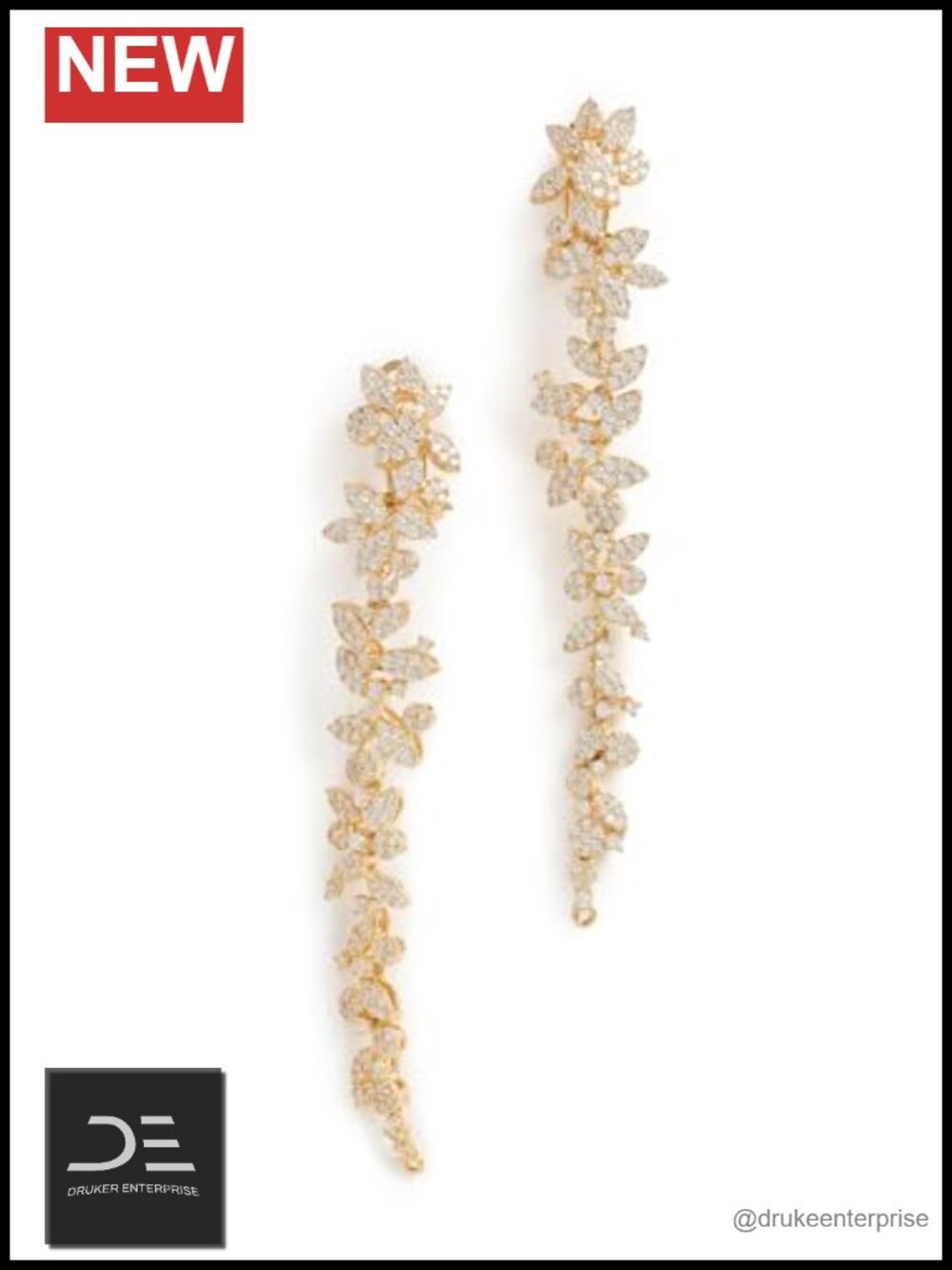 Floral Crystal Drop Earrings Gold Plated Brass 14K Post